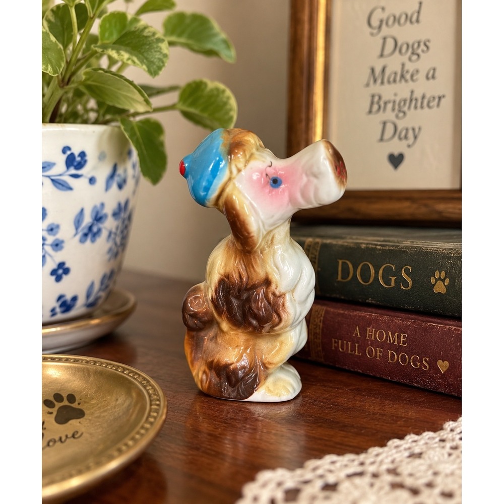 Vintage Ceramic Poodle Figurine Blue Beret Brown White Dog Kitsch Japan 3.5"